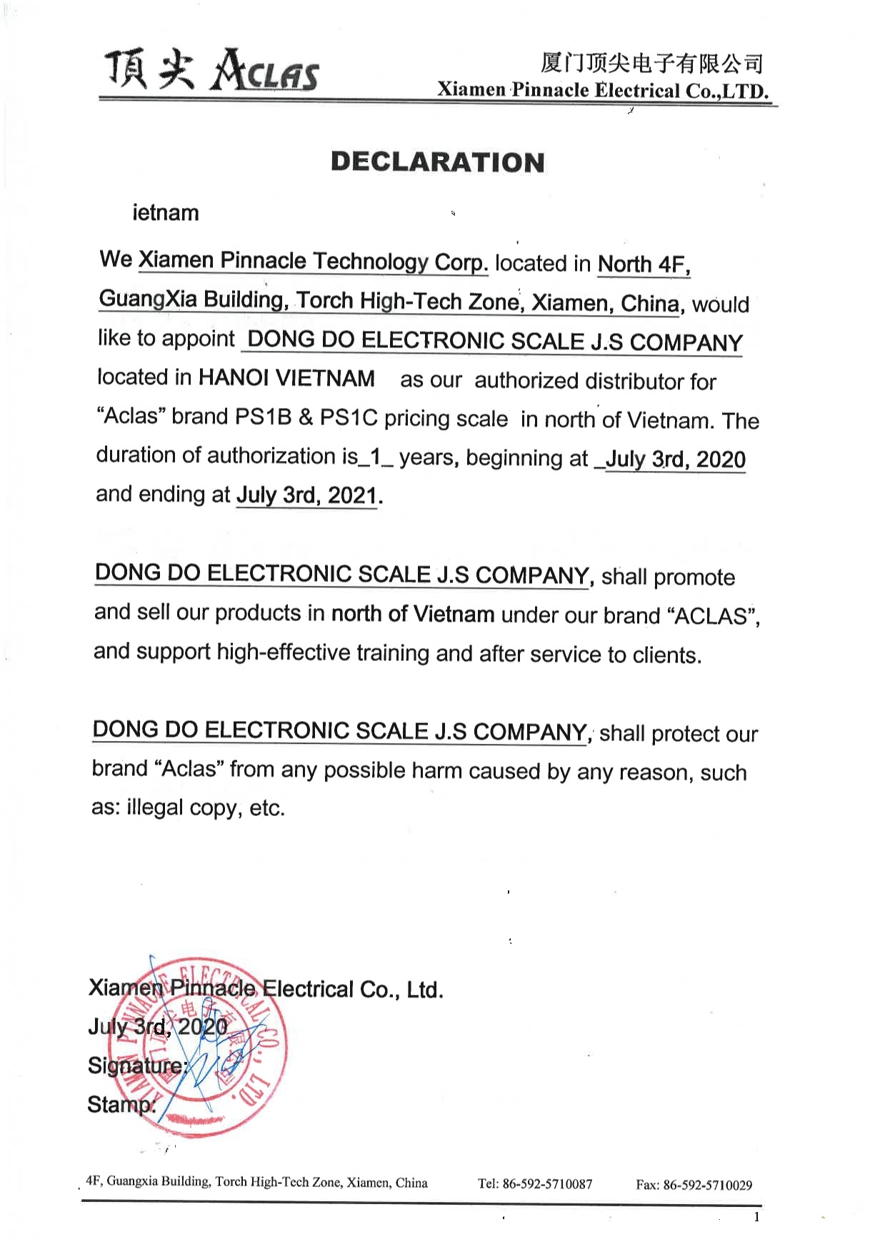 Chứng thư hãng Aclas ủy quyền nhà phân phối cân điện tử PS1C tại Việt Nam