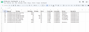 Màn hình mở Google Sheet qua tài khoản Gmail, hiển thị các dòng dữ liệu phiếu cân được đồng bộ tự động từ phần mềm Cân Đông Đô