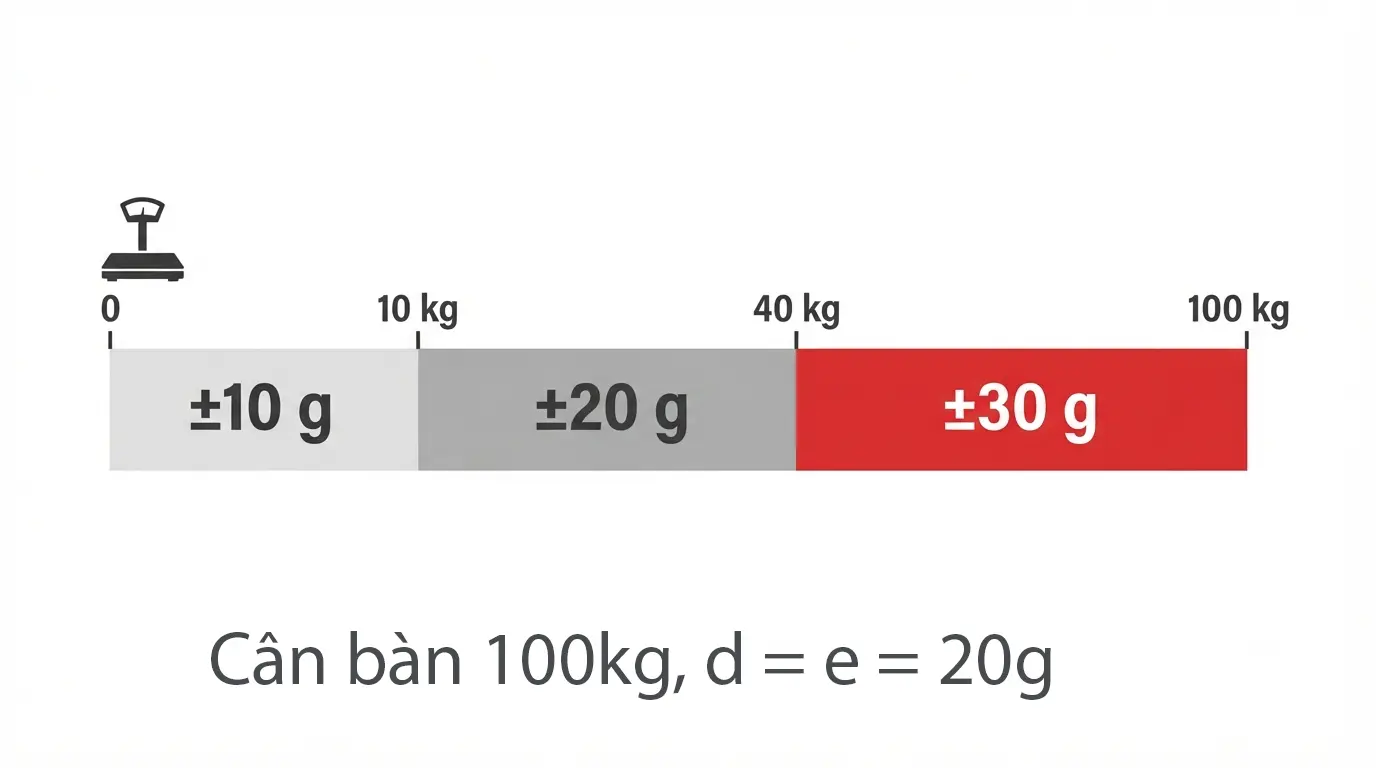 Sai số cho phép của cân bàn 100kg d = 20g theo từng đoạn tải