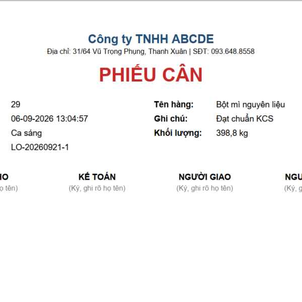 Mẫu phiếu cân in ra khổ A5 kèm ô ký xác nhận và thông tin lô sản xuất
