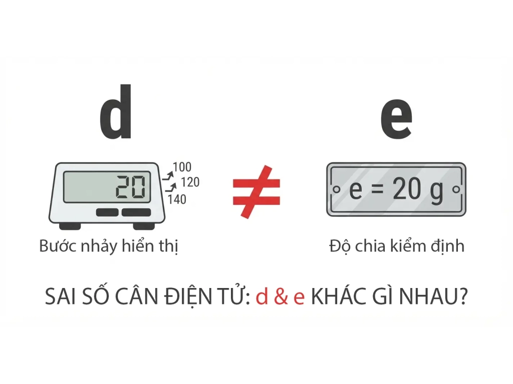 Phân biệt bước nhảy d và độ chia kiểm định e trên cân điện tử